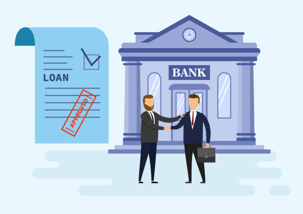Businessmen handshake, successful business negotiations and approved loan. Loan agreement paper, bank building and male characters in trendy style. Borrower and credit agent. Flat style. Vector illustration