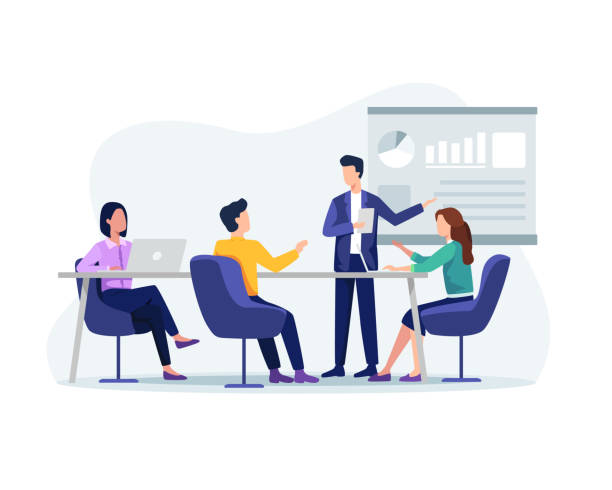 People on presentation conference, Businessman at project strategy. Business people working together, Presentation and discussion of the project. Vector in a flat style